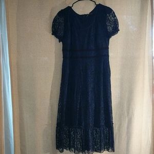 Navy midi dress with lace overlay